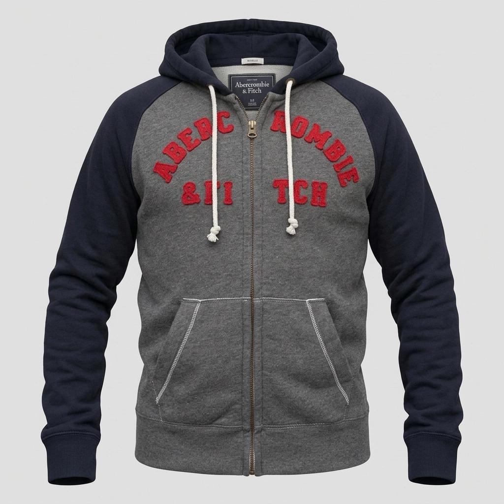 Abercrombie and Fitch grey and blue zipper sweat hoody with large red spell out patch letter chest logo. Mens all cotton medium size