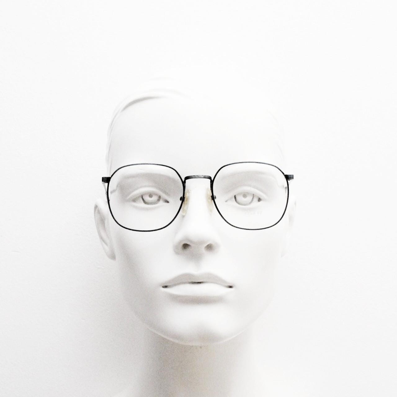 Deja Vu 80s vintage square eye glasses made in Japan. Textured minimal navy metal optical frames. Prescription RX spectacles. Unused NOS