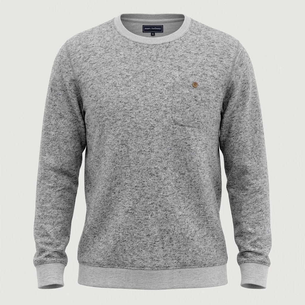 Shore Leave grey fleck long sweatshirt. Crew neck pullover with outside chest pocket. Pure cotton round neck mens jumper