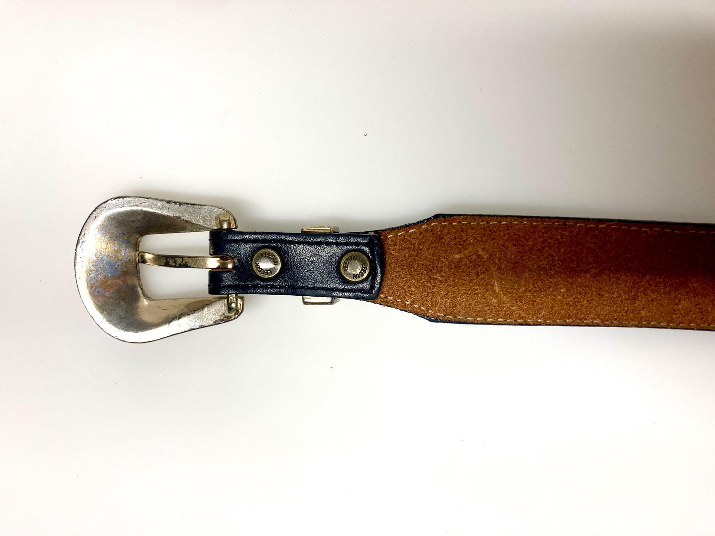Leegin 80s vintage Silver Creek Collection Native American belt. Leather cutout overlay on tapestry backing. Changeable buckle. USA made NOS