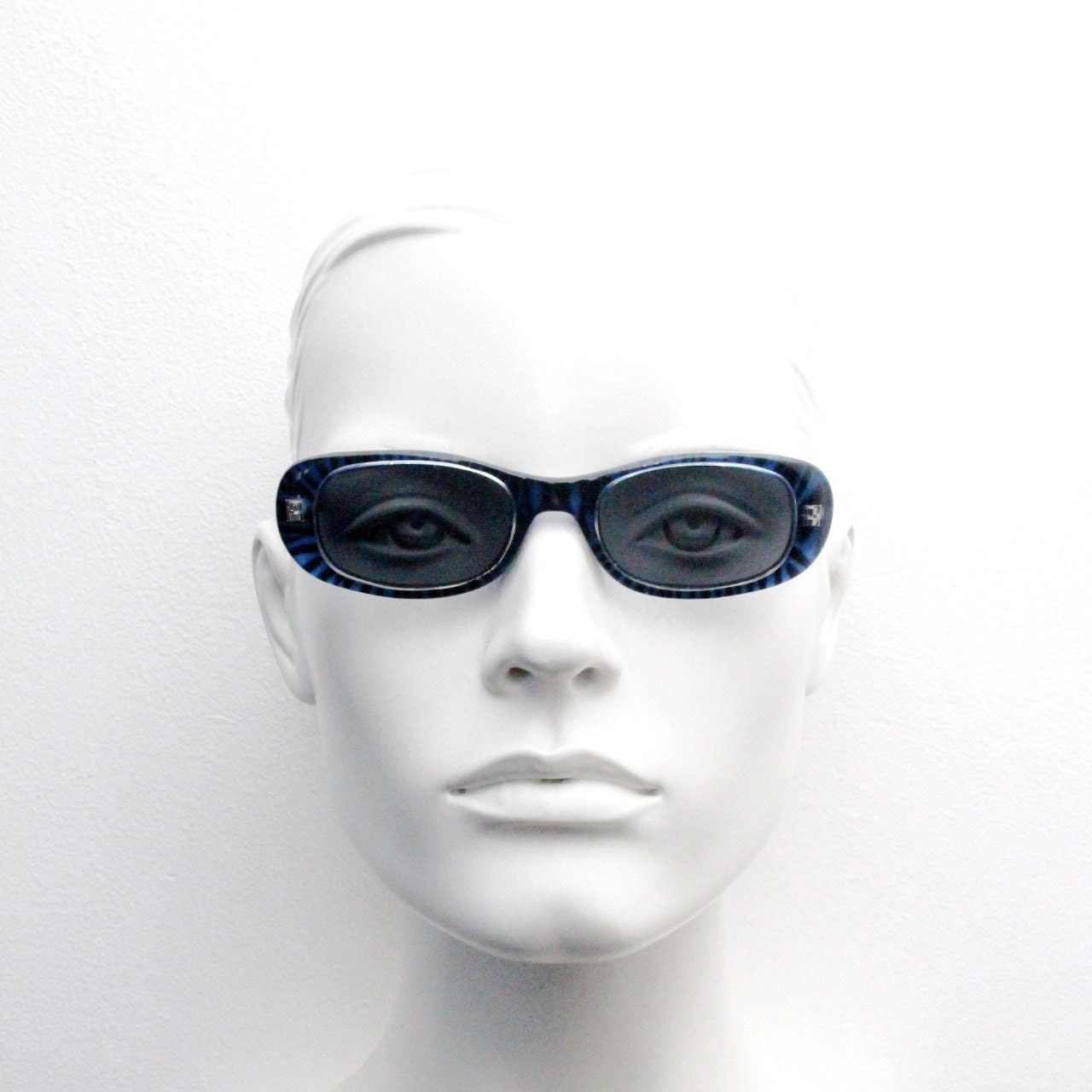 90s vintage rectangular sunglasses. Unbelievable blue tiger print low profile frame with black lenses. Y2K unused NOS. 2000s