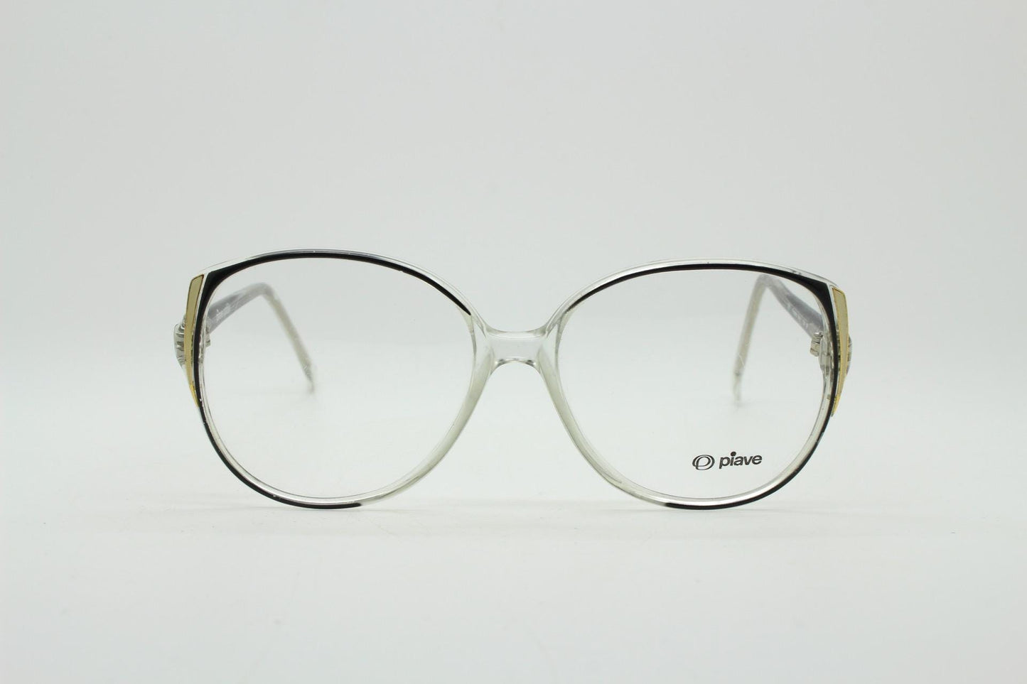 Piave 80s vintage oversized round cat eye glasses. Transparent clear optical frame with black and white overlay. Prescription NOS cateye