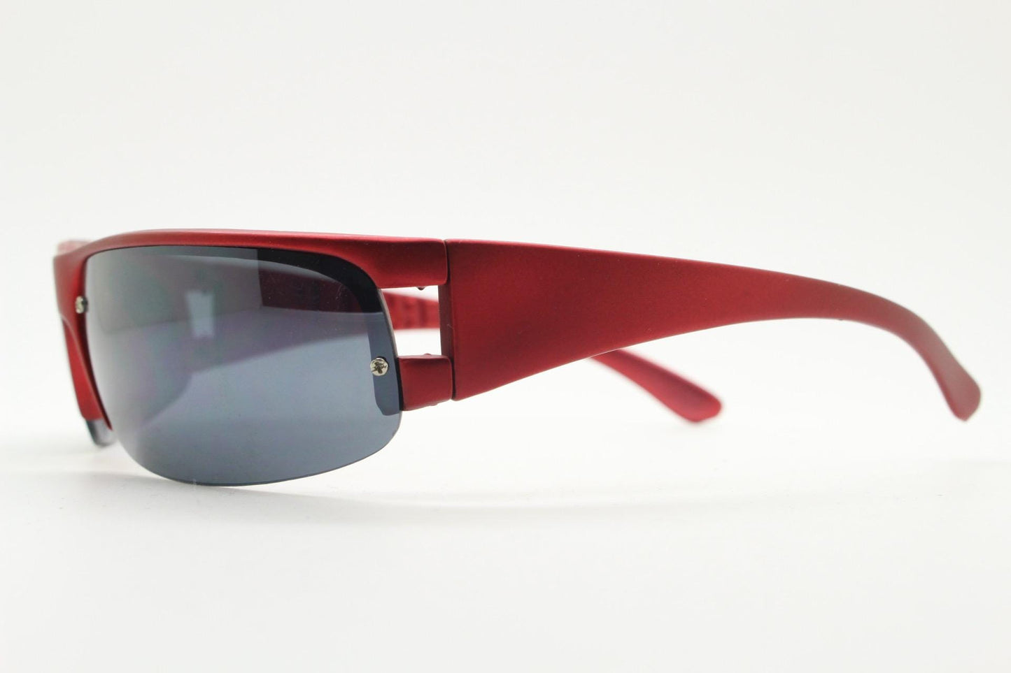 90s vintage visor sunglasses. Red matt metallic curved half frame wrap around sports shield with dark lenses. Mini mask. 2000's. Y2K NOS