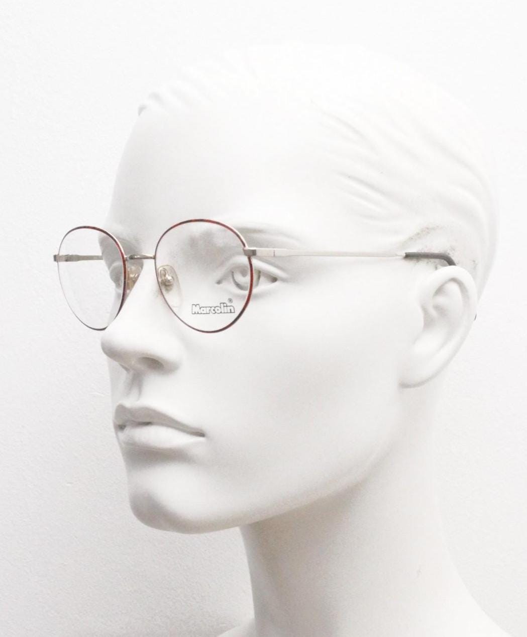 Marcolin 90s vintage round metal eye glasses made in Italy. Panto shape optical frames with attractive red and black front. Prescription RX