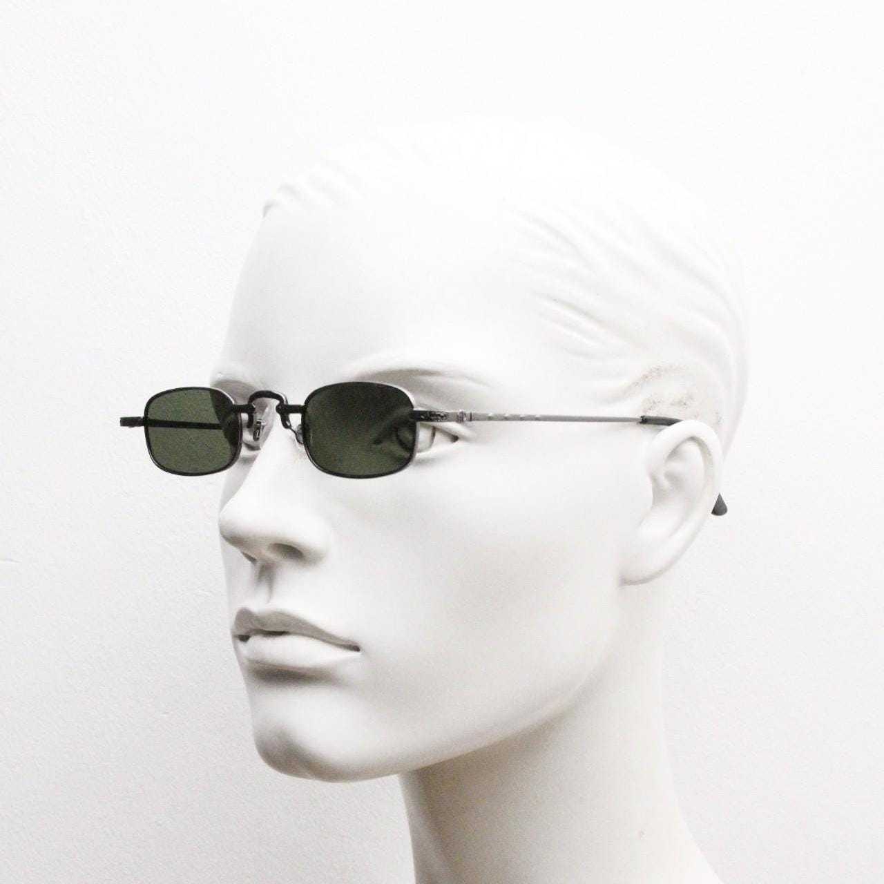 90s vintage small rectangular sunglasses. Imposing minimal gunmetal grey victorian style frame with green lenses. Steampunk. Unused NOS