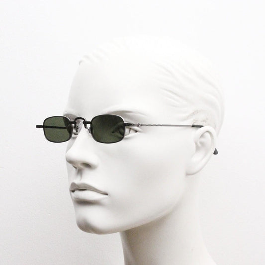 90s vintage small rectangular sunglasses. Imposing minimal gunmetal grey victorian style frame with green lenses. Steampunk. Unused NOS