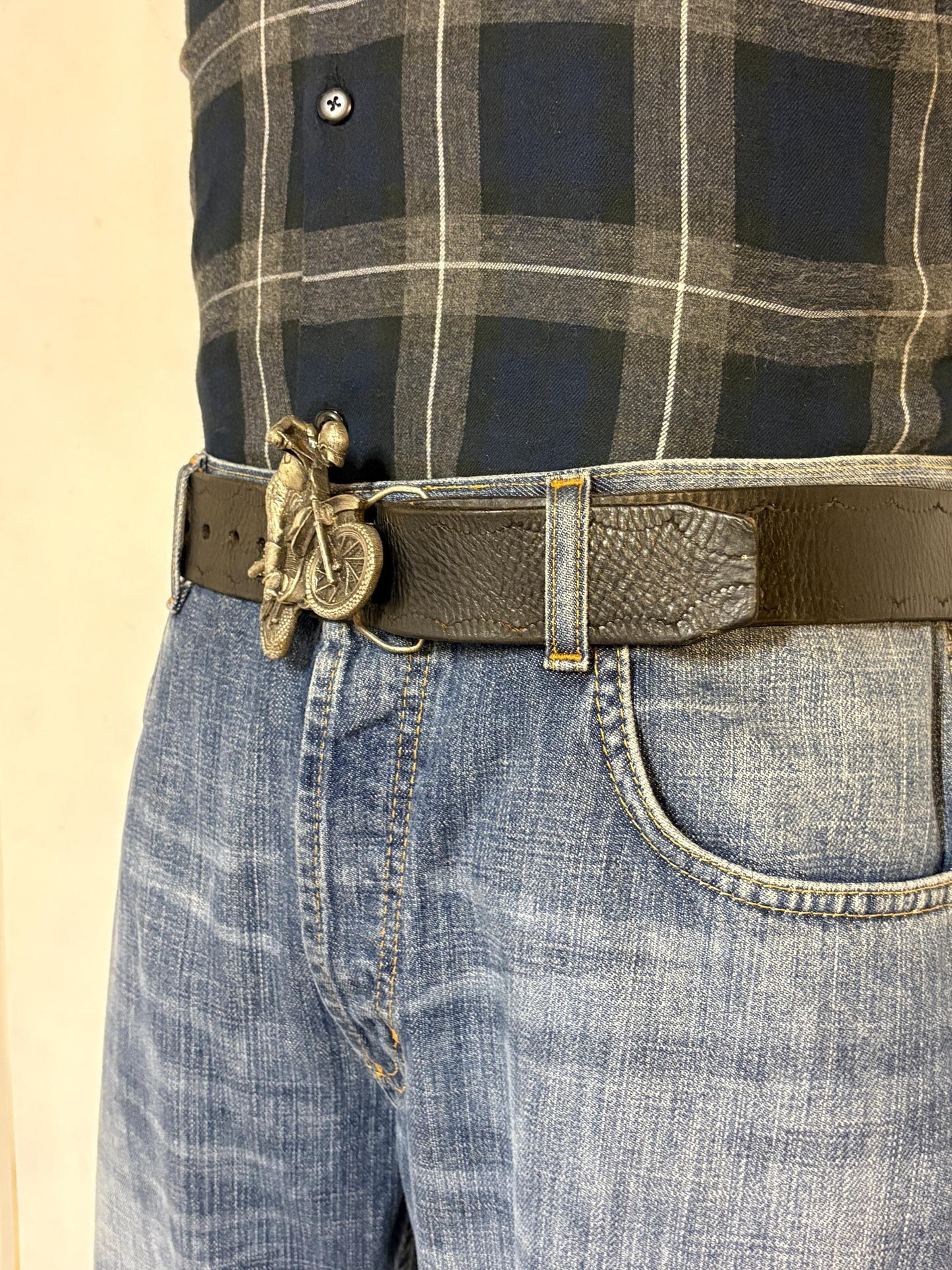70s vintage Bergamot brass works 3D motorbike rider buckle on black genuine leather textured and embossed changeable belt. Moto X scrambler