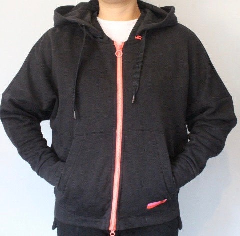 Stella Mc Cartney for Adidas Stellasport vintage zipper hoody. Black batwing track top with pink double zip detachable hood and tail section