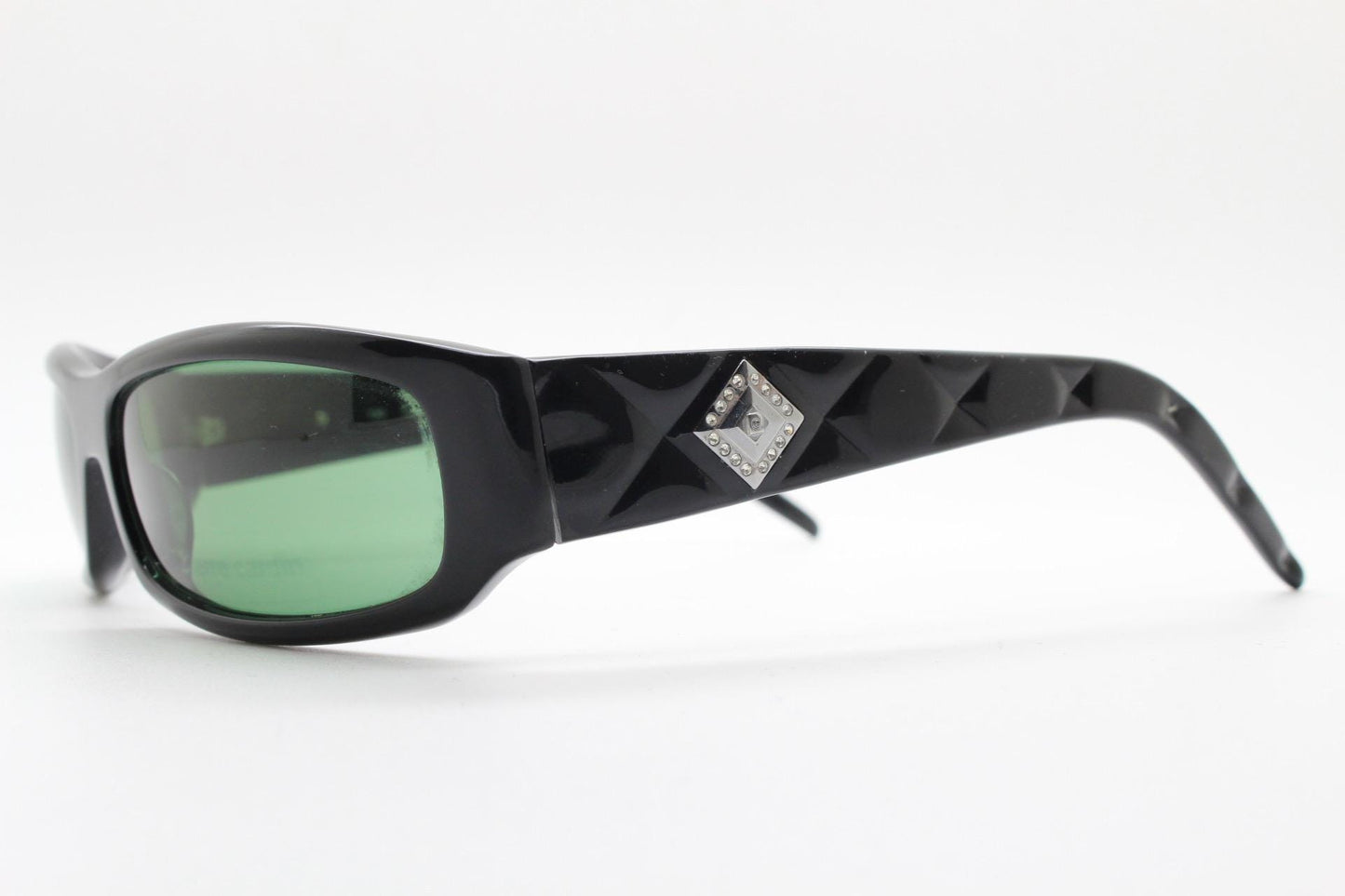 Pierre Cardin vintage 90s wrap around sunglasses made in Italy. Black acetate shield frame with quilted arms and diamante crest. NOS
