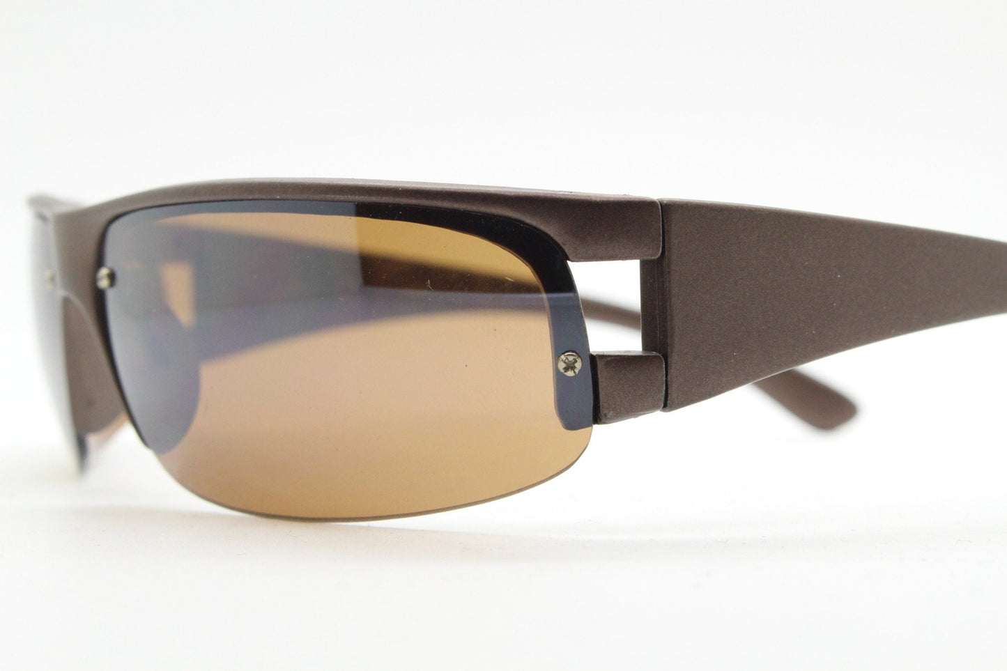 90s vintage visor sunglasses. Brown matt half frame wrap around sports shield with light tone lenses. Mini mask. 2000's. Y2K NOS