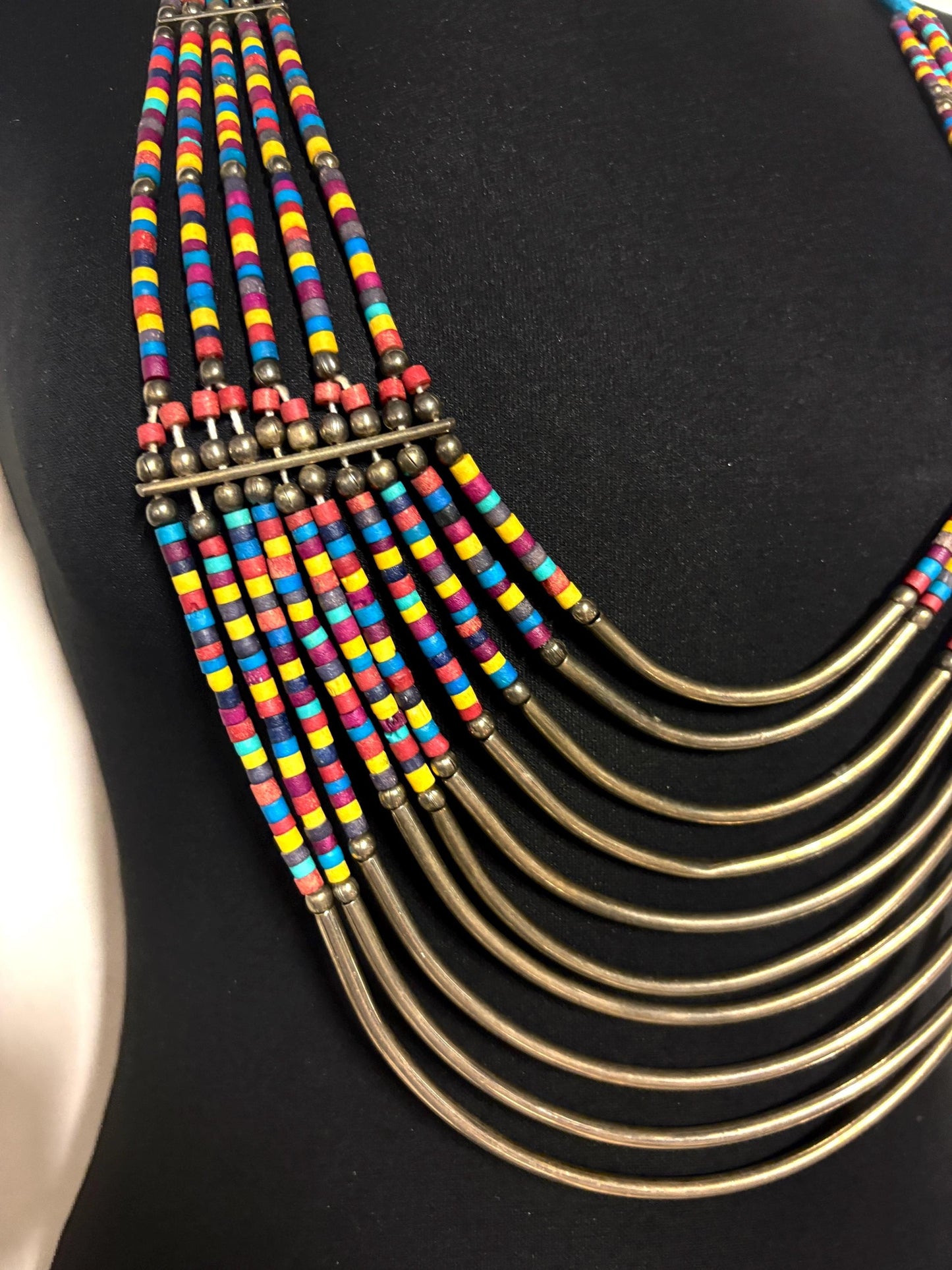 Y2K vintage massive statement Masai style beaded chain necklace. Multi coloured beads with concentric semi circle metal crescents. NOS