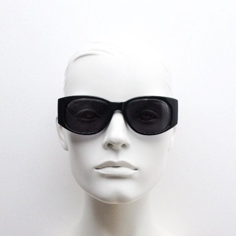 Charles Anastase for Linda Farrow Gallery sunglasses. Womens black gloss acetate  thick frame design with tall arms and swans. NOS vintage