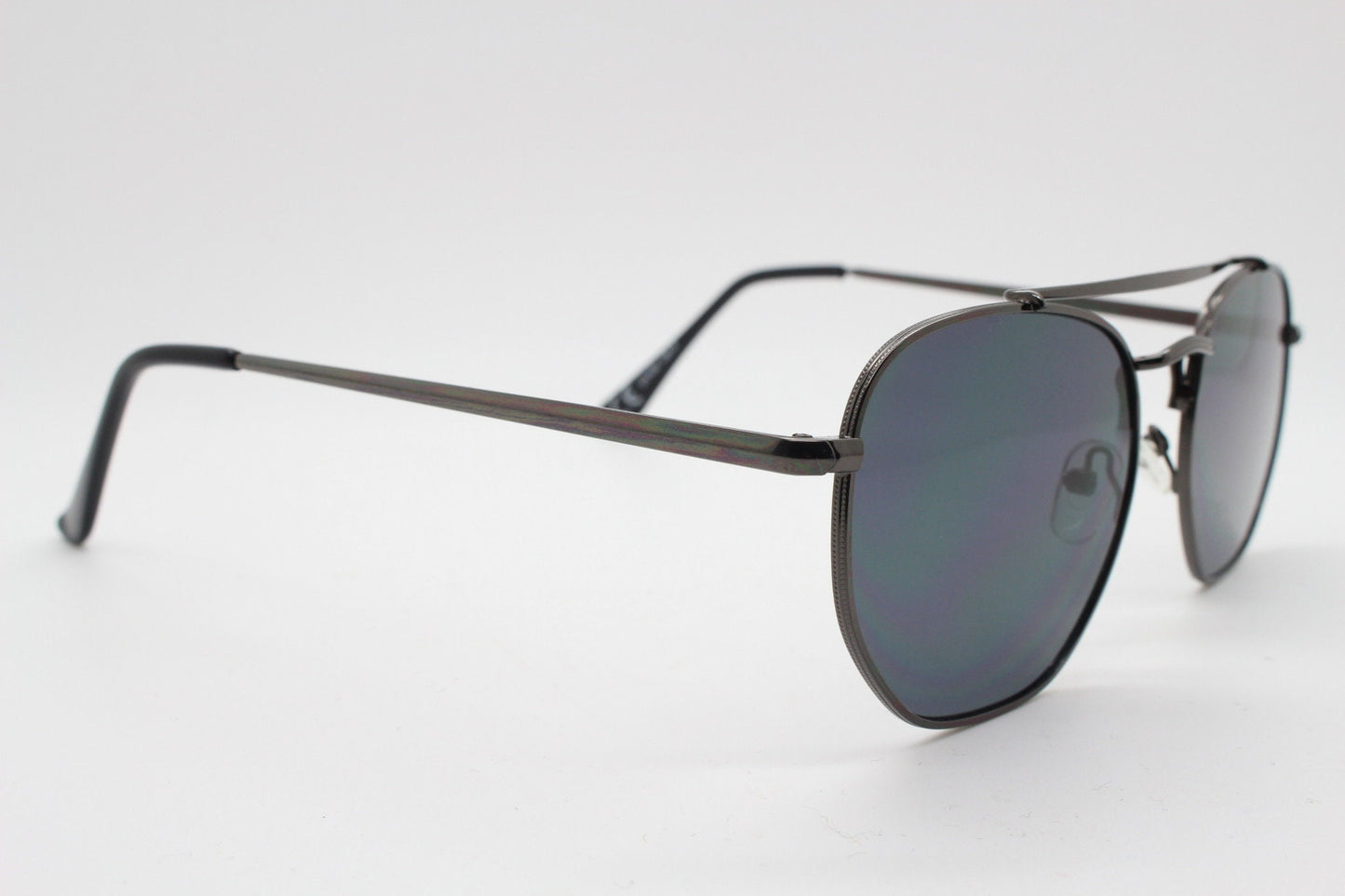 90s vintage modified aviator sunglasses, 6 sided soft angled metal frame in gunmetal with double bridge. Unused small aviators BNWT