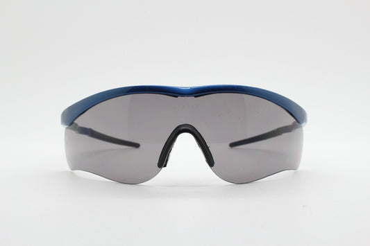 2000s vintage visor sports shield sunglasses. Blue brow line half frame with grey wraparound mono lens. Mini mask. BNWT. Y2K cycling . NOS