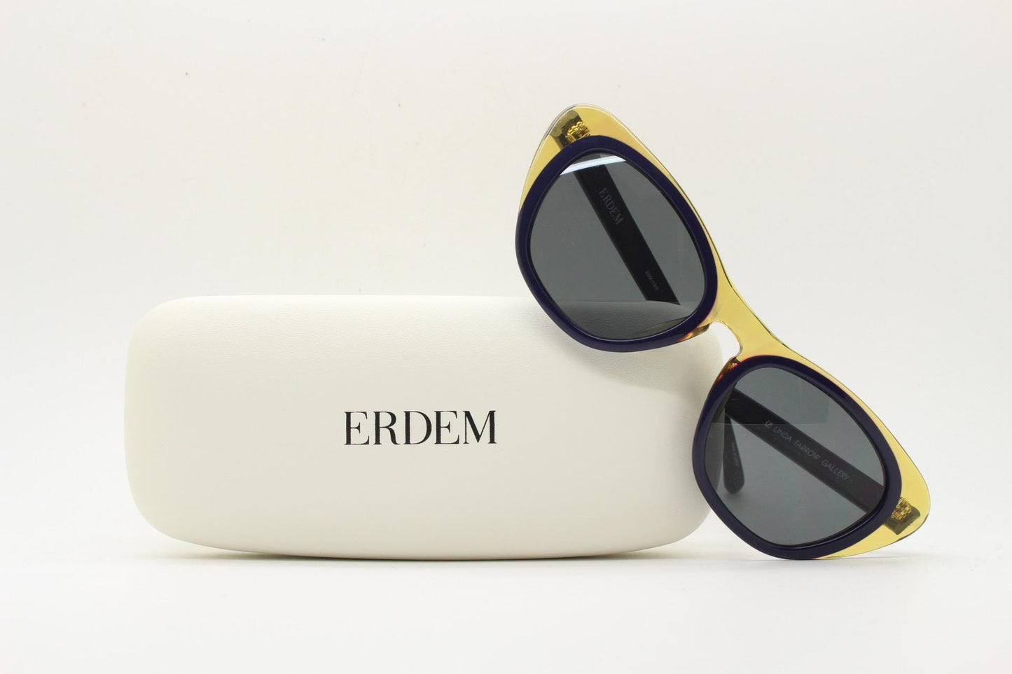 Linda Farrow cat eye sunglasses made in Japan by Erdem. Black with transparent amber outline. Luxe Gallery Projects Vintage. NOS Full Set