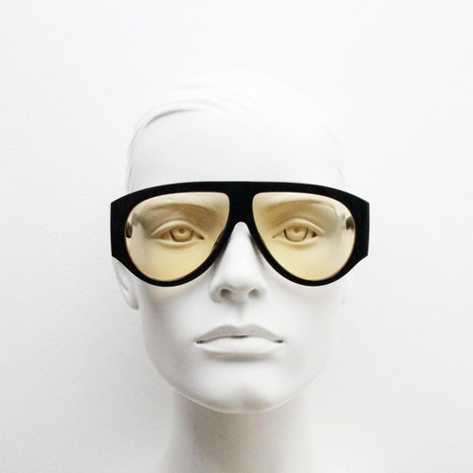 Vintage thick fat arm aviator sunglasses. Intense Black gloss frame with light tone brown lenses. Modified teardrop aviators. BNWT