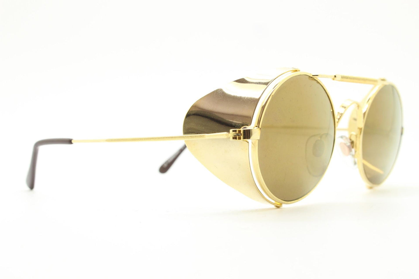 Farrows by Linda Farrow vintage 80s goggle sunglasses model 365. Gold chrome glacier design with matching mirror lenses. Blinkers. NOS