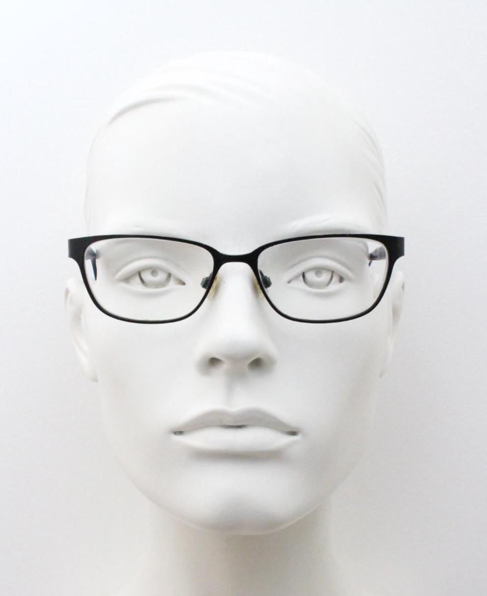 Karen Millen vintage rectangular cat eye glasses. Black satin finish metal front with grey marbled arms. Optical frames. Womens prescription