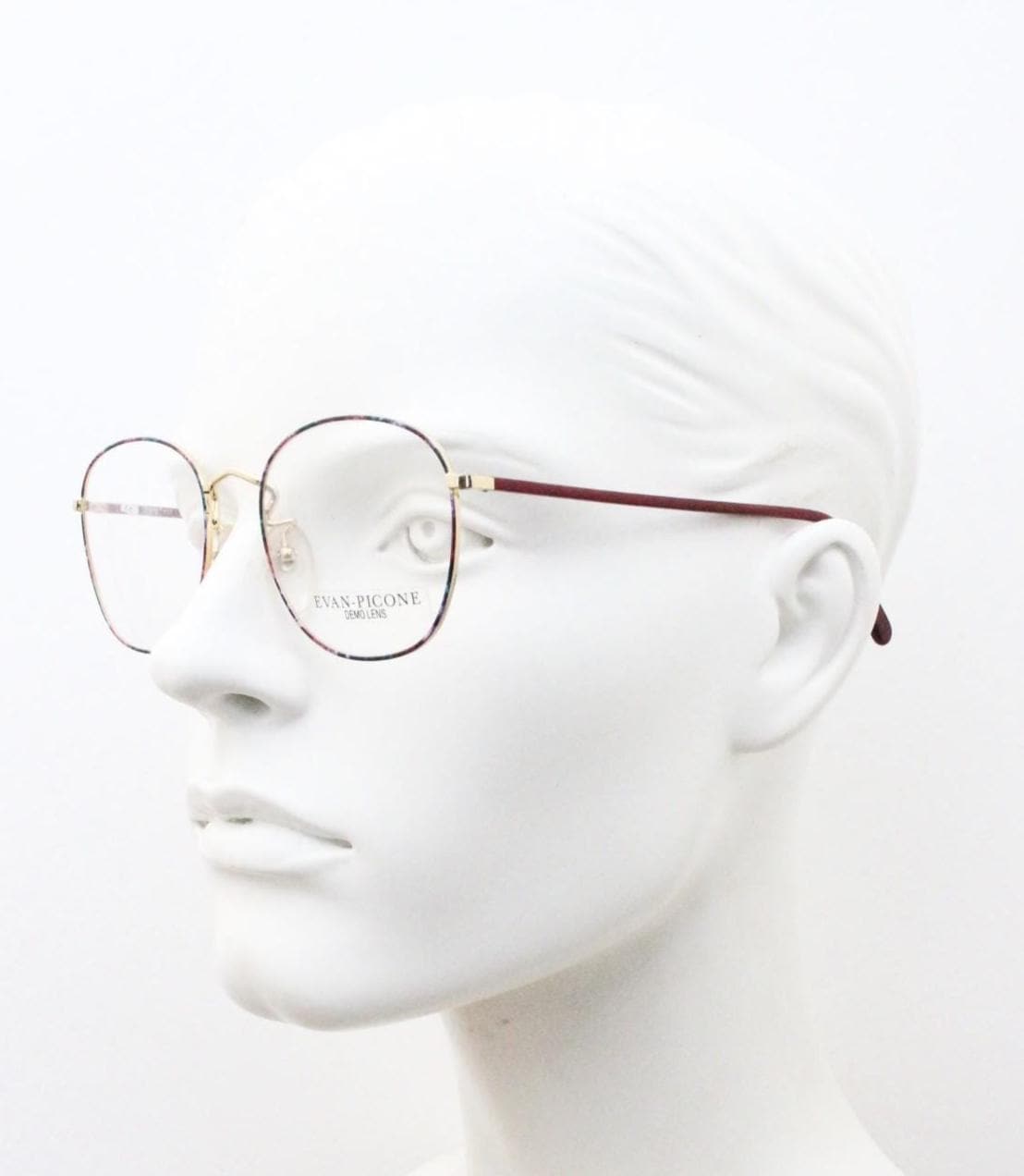 Evan Picone 80s vintage round panto metal eye glasses made in Italy. Minimal gold optical frame with red marbled pattern. Prescription. NOS