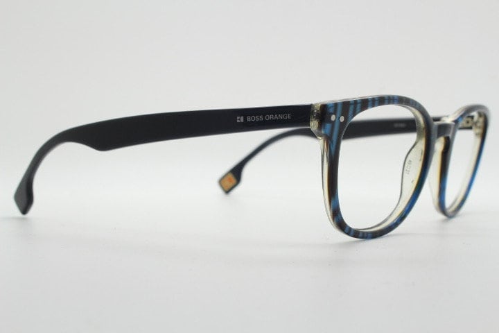 Boss Orange vintage wayfarer shape eye glasses. Black and navy striped optical frames with keyhole bridge. Prescription eyeglasses. RX  Hugo