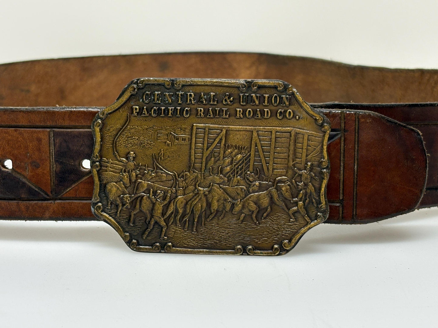 70s vintage brown triangles genuine leather western cowboy belt with big brass changeable buckle. Union Pacific Railroad. Thick cowhide.