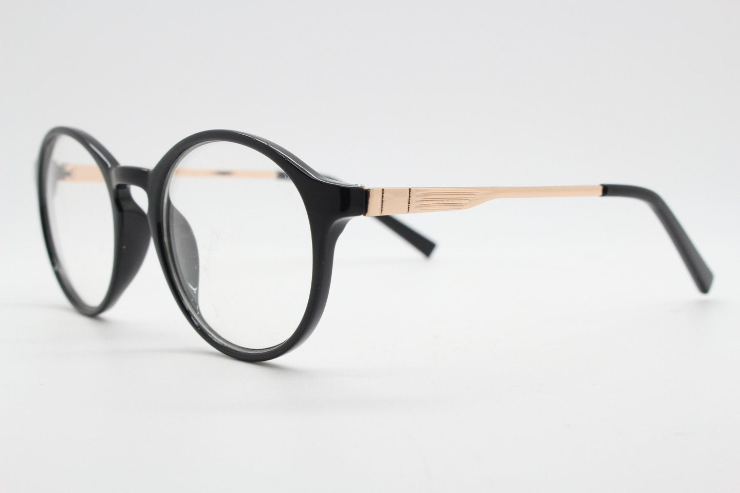 90s vintage round glasses. 30s, 20s style black optical frames with gold arms. Prescription eyeglasses with clear lenses. RX spectacles. NOS