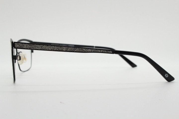 William Morris London rectangular eye glasses. Black matt flat metal optical frames with ornate silver pattern. Prescription RX eyeglasses.