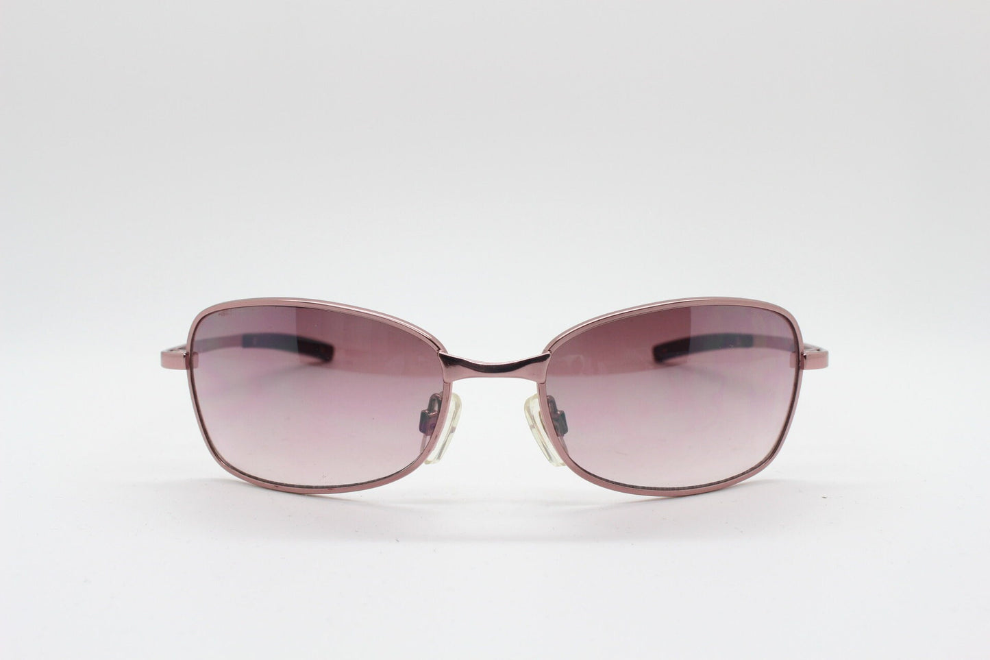 Y2K vintage curved sunglasses. Unusual Pink chrome metal frame with matching flared rectangular lenses. Unused 2000s NOS