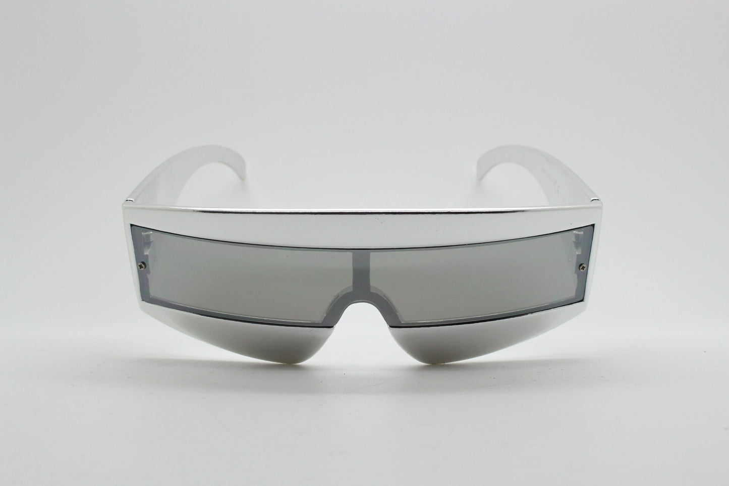 Y2K vintage square visor sunglasses. All silver 80s style robot shield design mirror mono lens with full height arms. 2000s mask. NOS BNWT