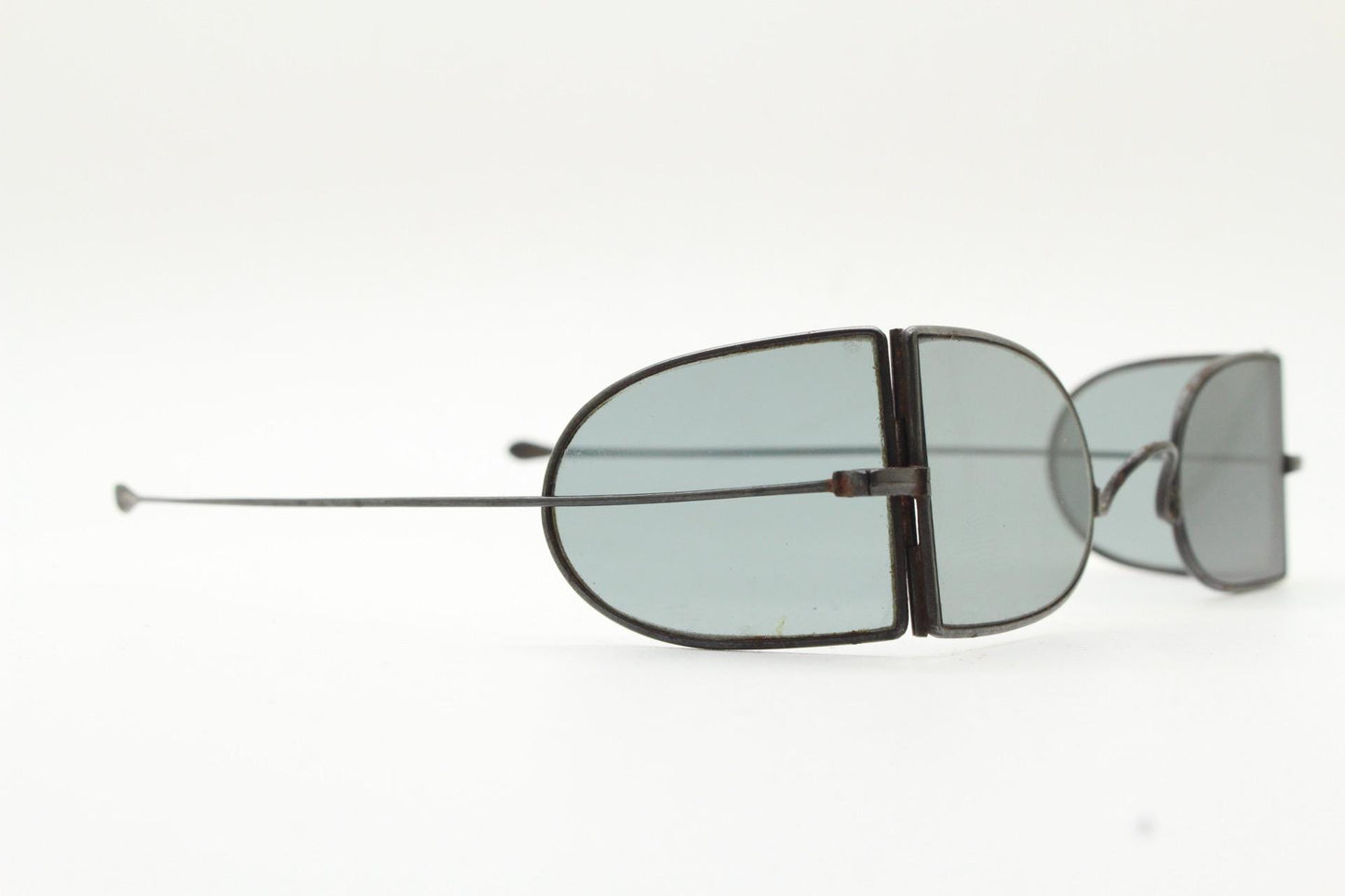 Victorian folding steel train driver sunglasses. Metal double D wire frame with  real glass lenses and side windows. Antique eyewear. VGC