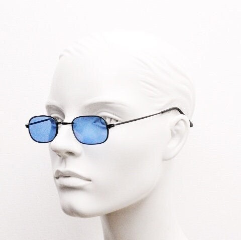 90s vintage minimal metal rectangular sunglasses. Small black frame with striking cobalt blue luxury real glass lenses. NOS