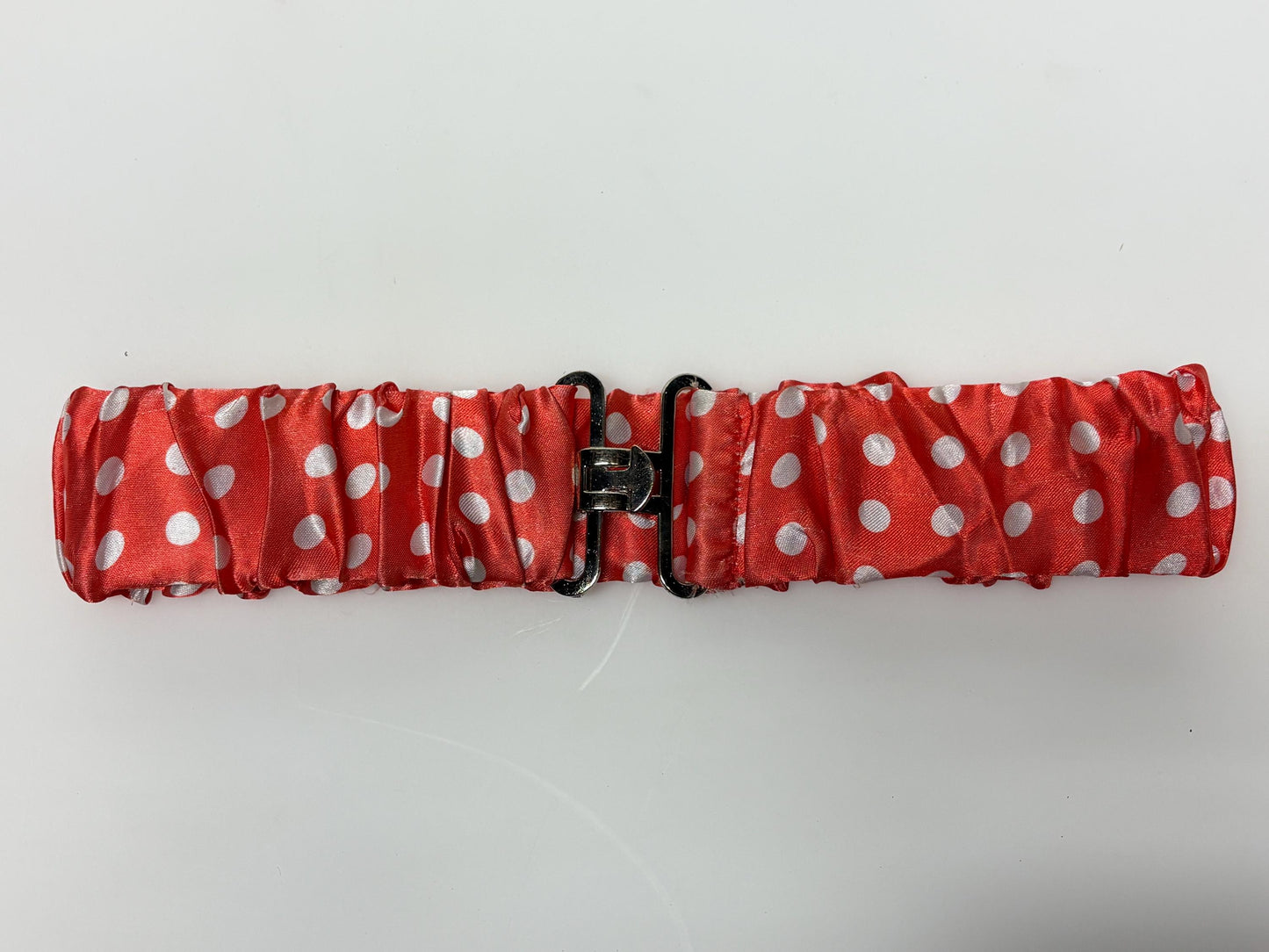80s vintage womens elastic red with big white polka dots stretch belt. Flattering cinch for a dress. Chrome buckle. Minnie mouse cosplay