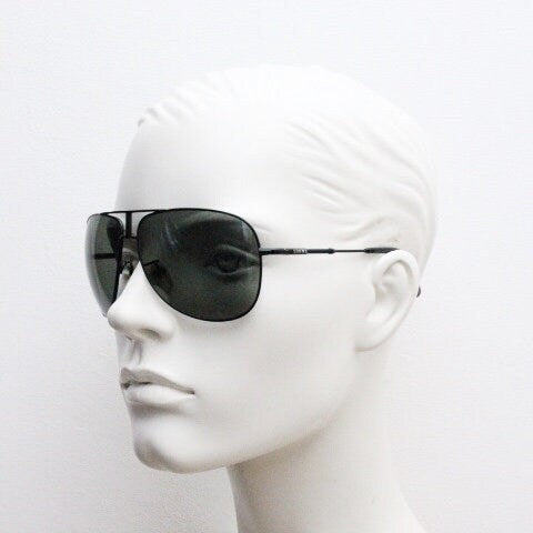 Loewe vintage aviator sunglasses in a tall black gloss frame with dark green lenses. Mens large teardrop pilot aviators. Y2K New Old Stock