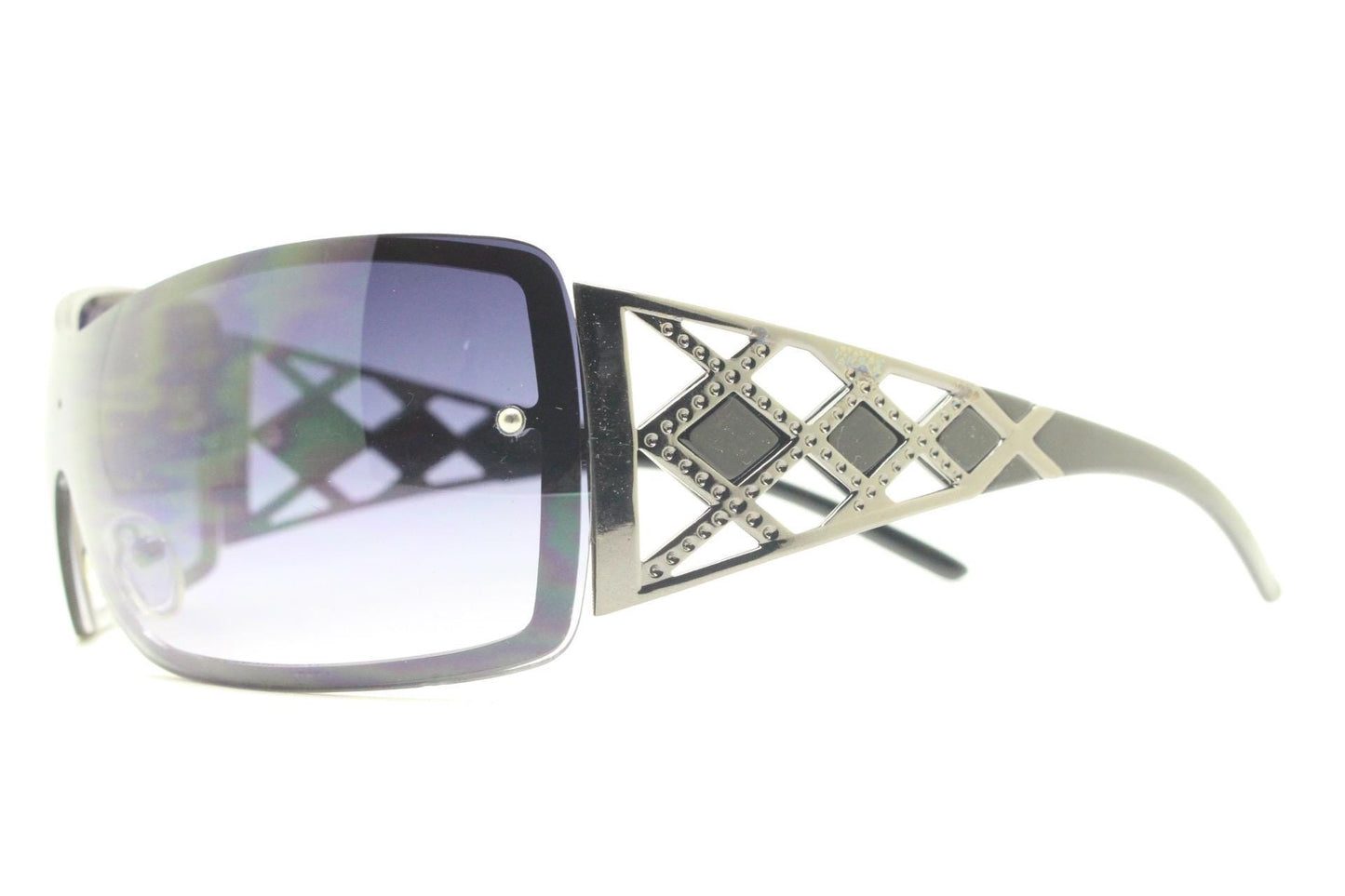 Y2K vintage visor sunglasses. 2000's grey wraparound mono lens mini mask shield design with stupendous lattice arms. Bug eye. Unworn NOS