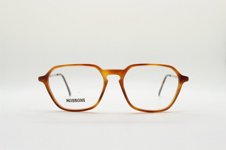 Missoni 90s vintage square hexagon eye glasses made in Italy. Transparent brown optical frames with enamel tiger arms. Prescription RX NOS