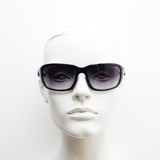 Y2k vintage wrap around bug eye sunglasses. Substantial curved black shield frame with arm holes. Modified 60s biker design. 2000's NOS