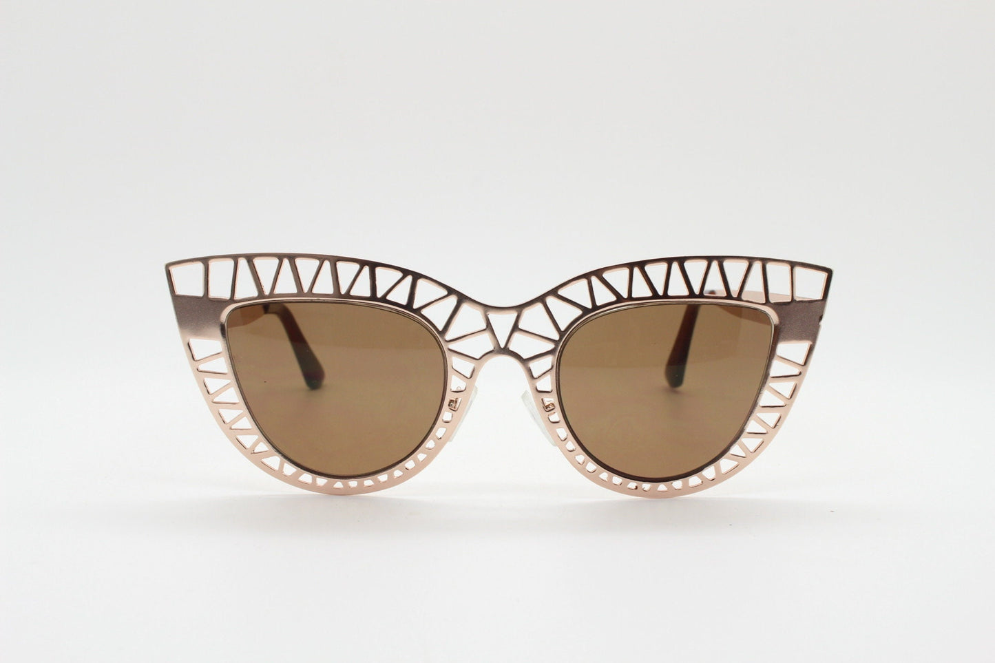 Y2K vintage metal cat eye sunglasses.  Women's extraordinary gold cut out lattice scaffold cateye frame with brown lenses. 2000s. BNWT
