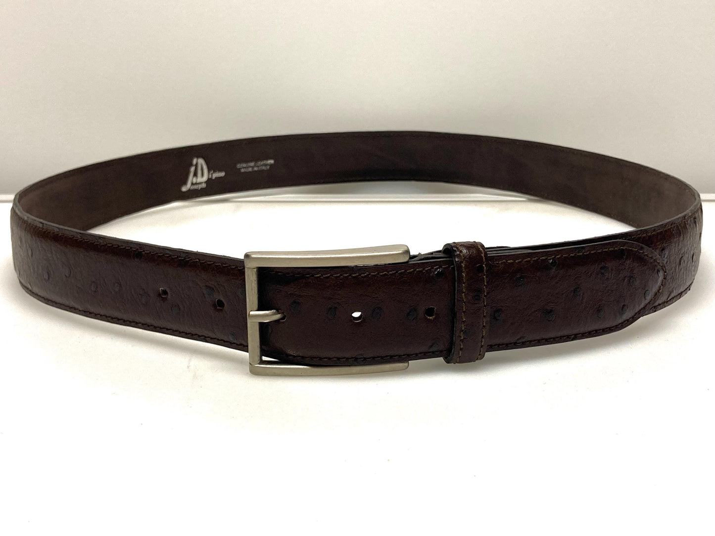 90s vintage dark brown genuine leather belt made in Italy by Joseph Di Pino. Tooled finish made to look like Ostrich. NOS. Mens Large