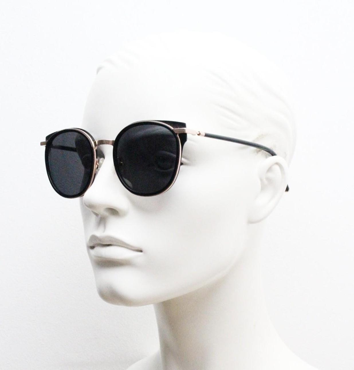 Carin round cat eye sunglasses, Gold metal frame with black cateye insets and matched dark tone lenses and slender arms