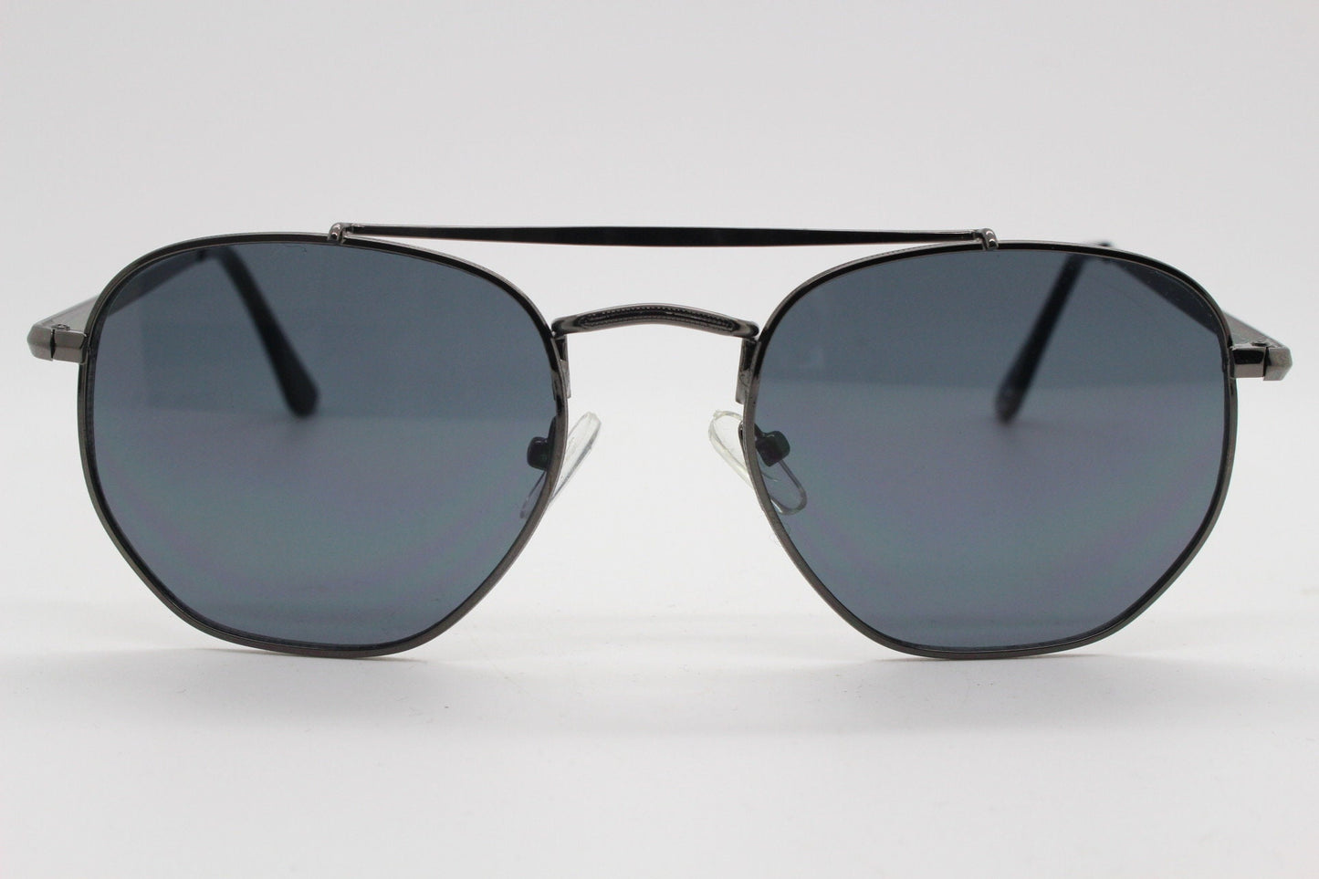 90s vintage modified aviator sunglasses, 6 sided soft angled metal frame in gunmetal with double bridge. Unused small aviators BNWT