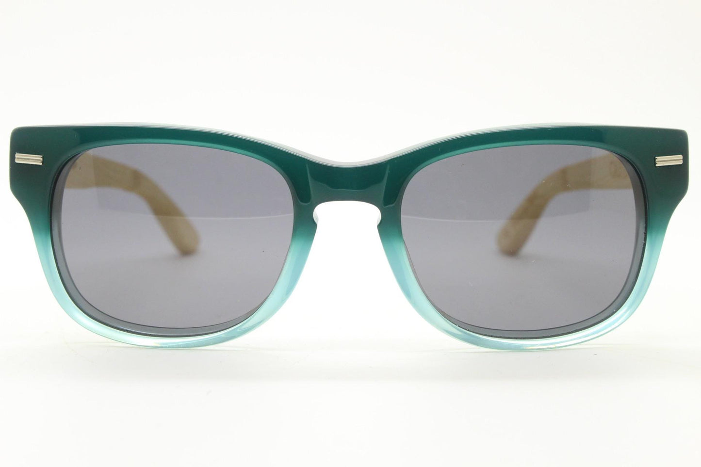 Calisons ryder modified wayfarer design sunglasses. Thickened blue acetate front with natural real wooden arms. Unused NOS