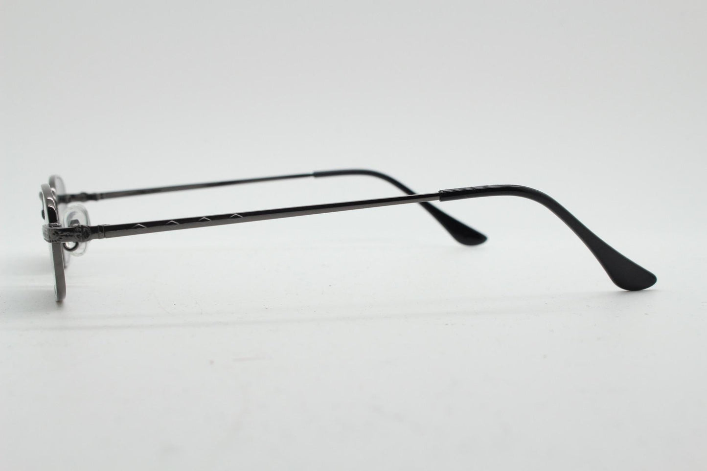 90s vintage small rectangular sunglasses. Imposing minimal gunmetal grey victorian style frame with black lenses. Steampunk. Unused NOS