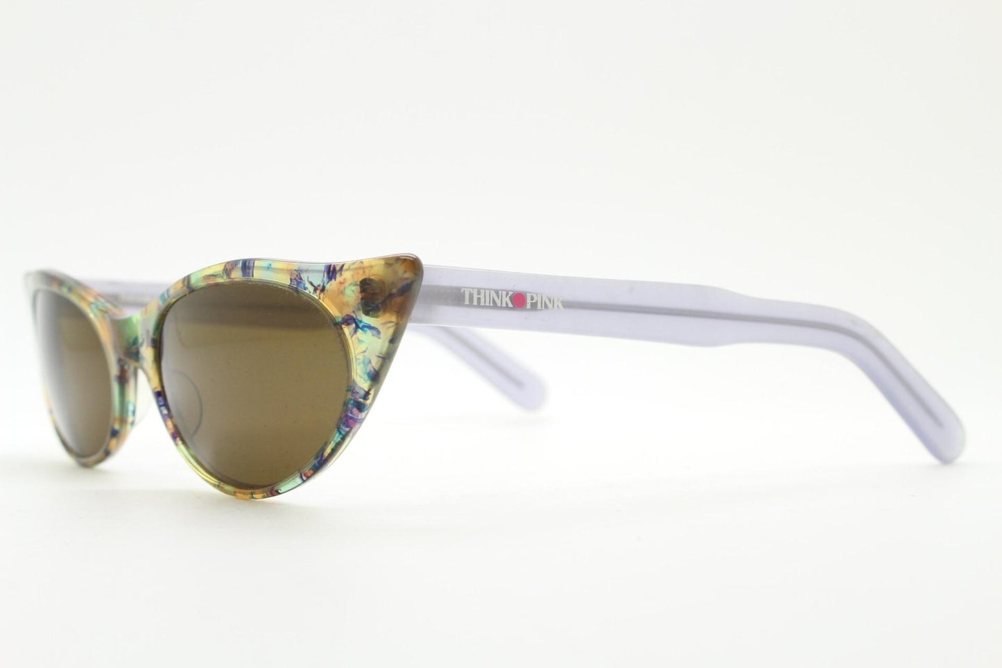90s vintage extreme pointed cat eye sunglasses made in Italy. Multi colour marble front with lilac arms. Acetate cateye. NOS. Rockabilly