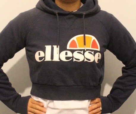 Ellesse cropped hoody top. Navy pullover with big spell out chest logo. Vintage. Y2K. Sweatshirt. Rave. UK size 8