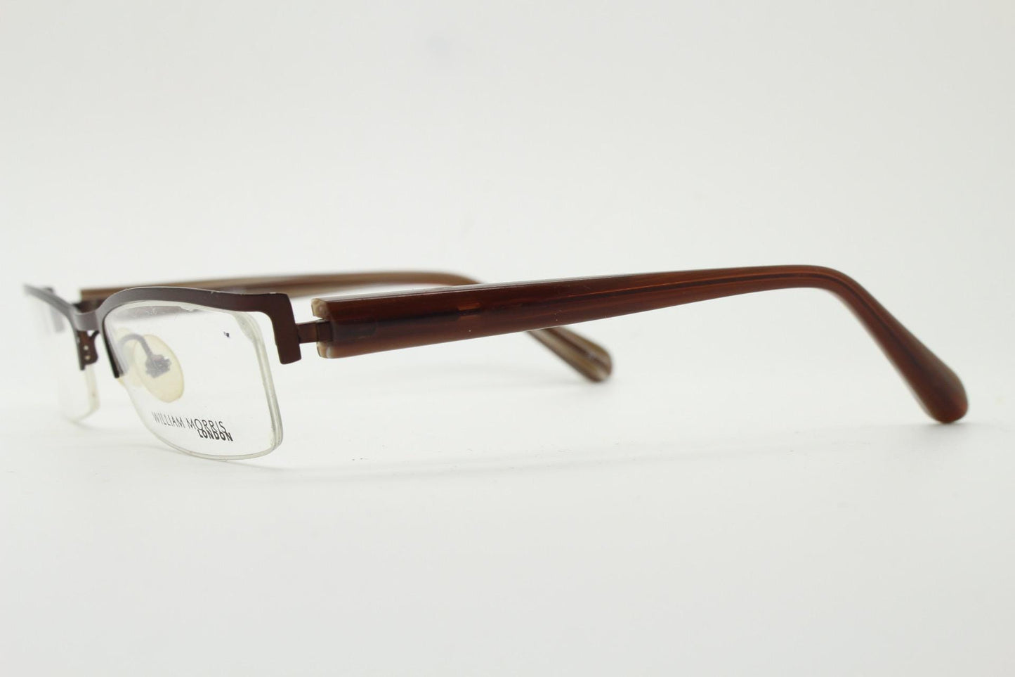 William Morris vintage rectangular eye glasses. Brown metallic brow line half frame with layered acetate arms. Prescription optical RX. NOS