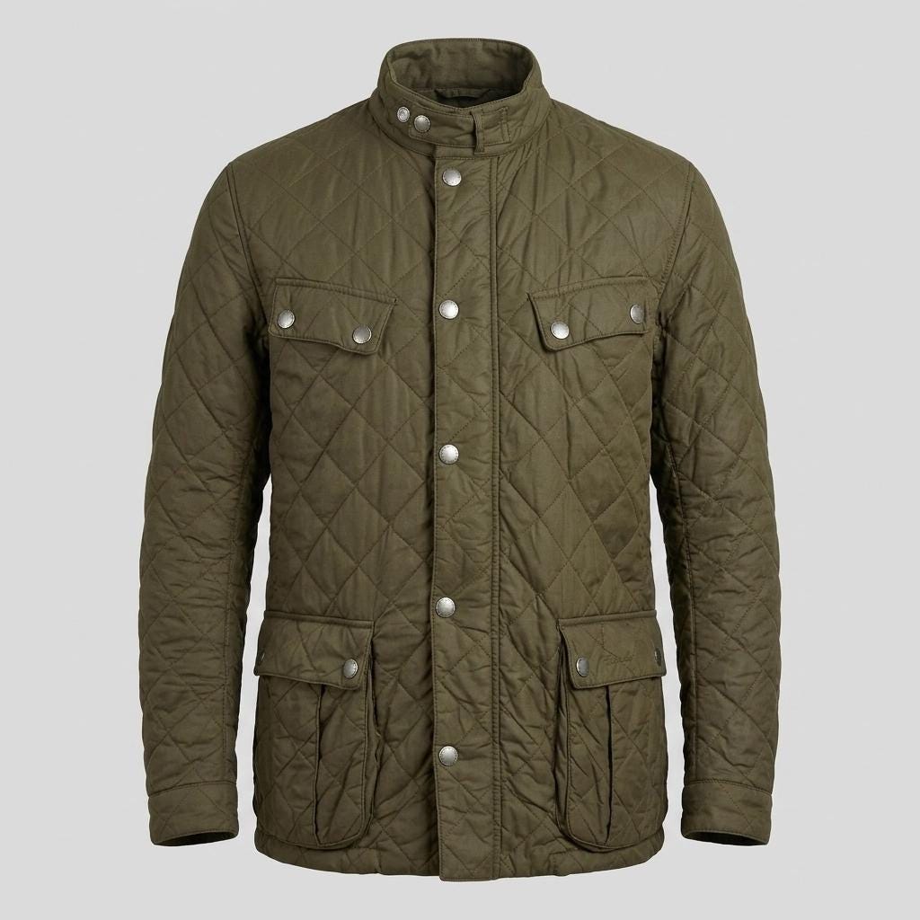 Barbour vintage quilted three quarter length 4 pocket round neck jacket. Khaki green M65 design with stamped stud buttons. Size L