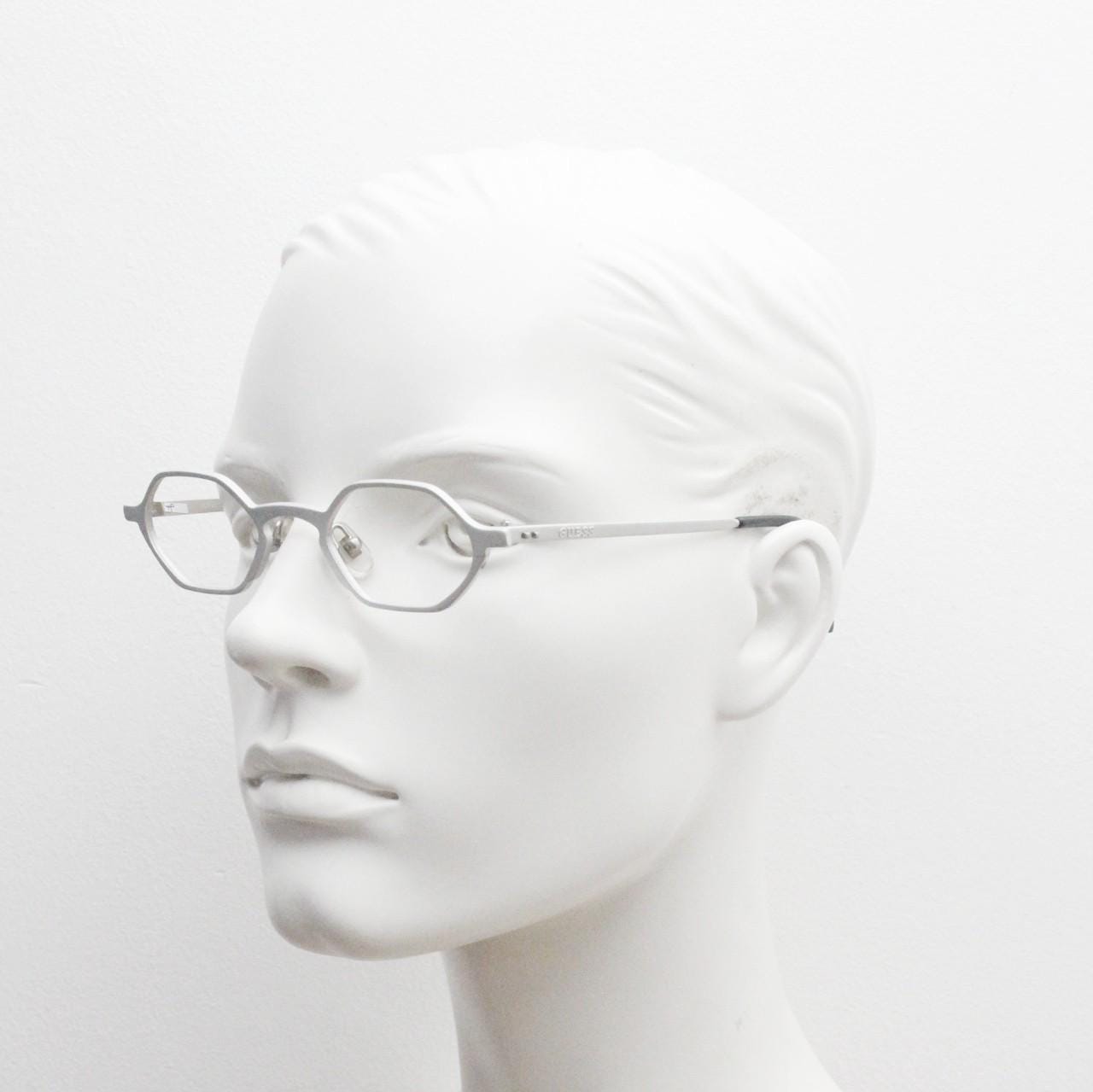 Guess 90s vintage hexagon eye glasses. Minimal matt silver micro style optical frames. Uber tech fashion. Prescription RX. Steampunk