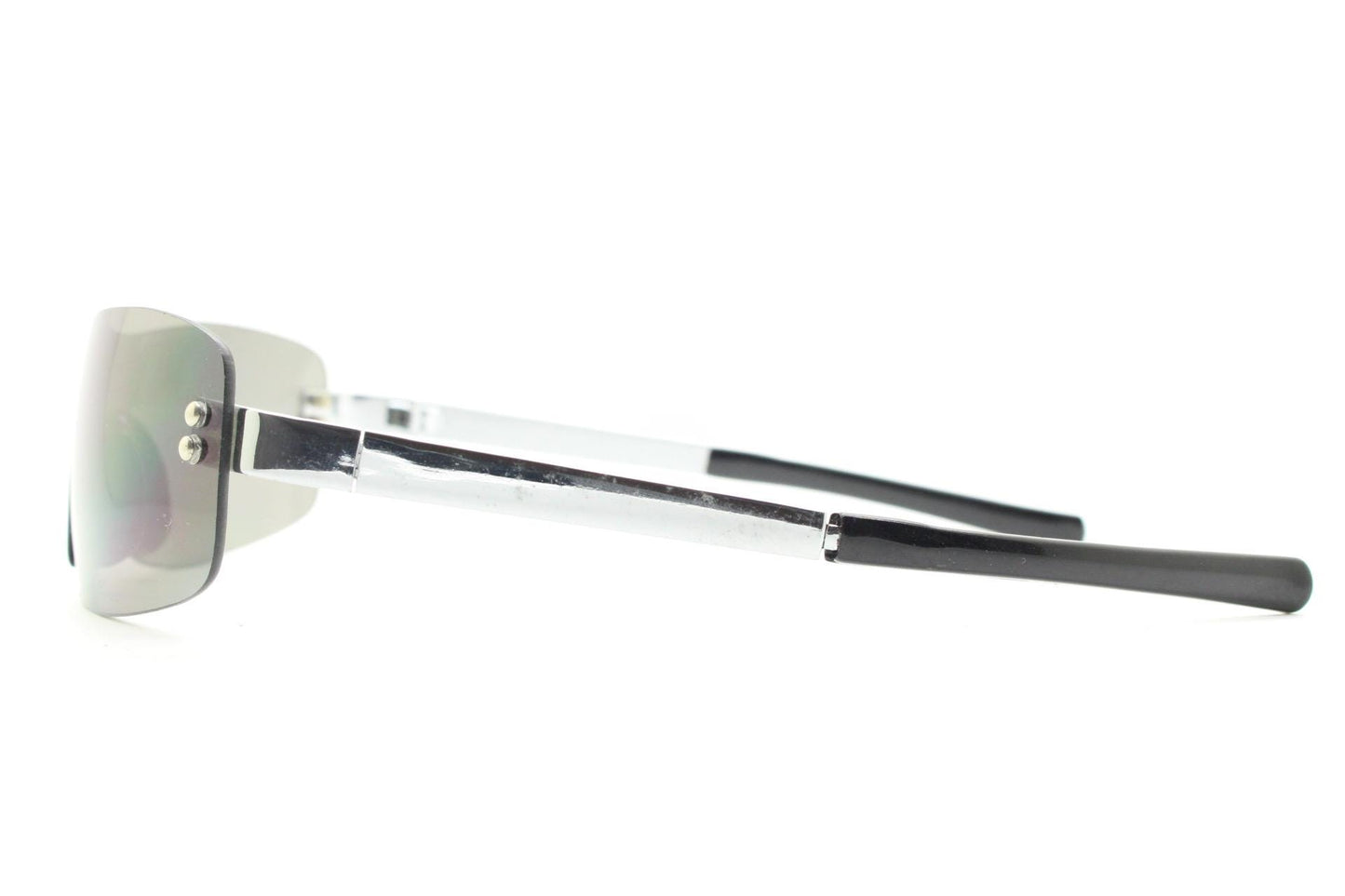 Y2k wraparound shield sunglasses. Grey curved monolens with straight chrome arms and light grey lenses. 00's Cosplay mini mask. NOS