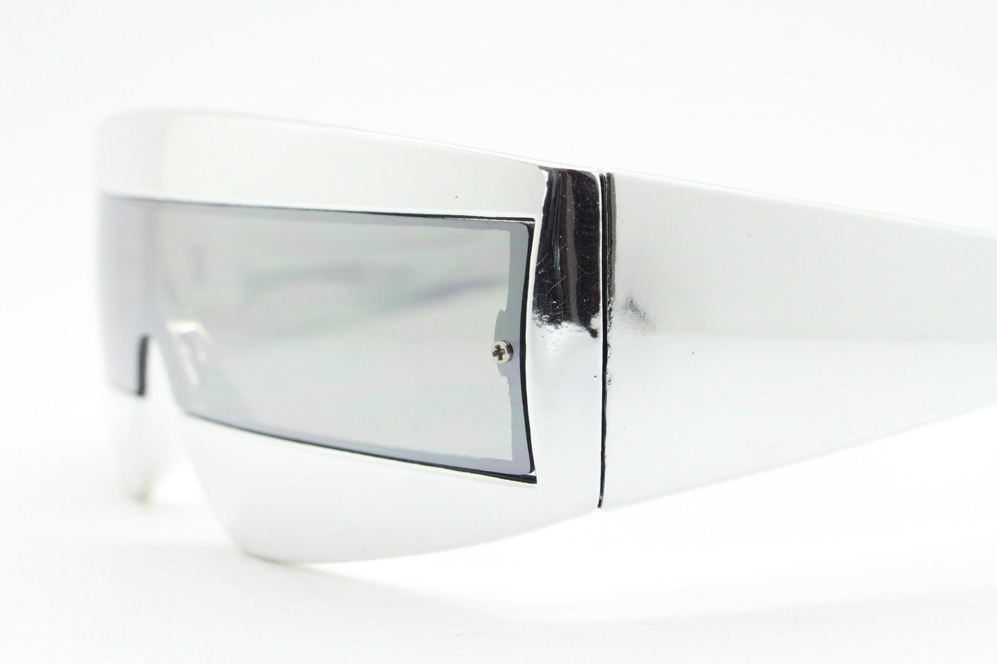 Y2K vintage square visor sunglasses. All silver 80s style robot shield design mirror mono lens with full height arms. 2000s mask. NOS BNWT