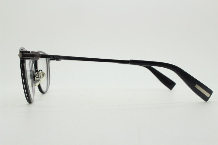 Trussardi modified cat eye glasses model VTR023. Womens flat black and gunmetal grey optical frame. Prescription. Vintage spectacles